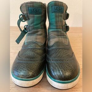 UGG women’s 9 green & black plaid fleece lined double side buckle ankle boots